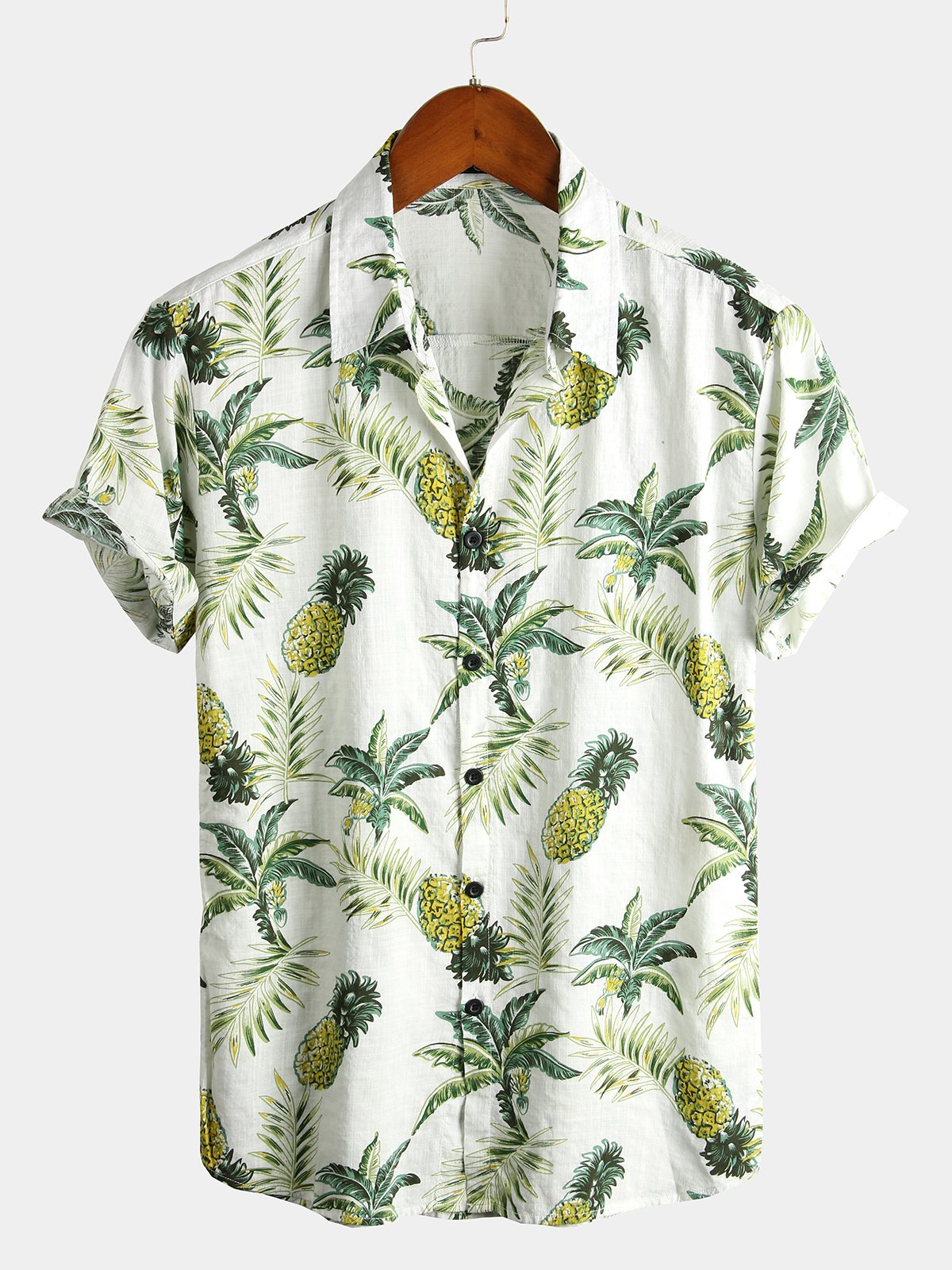 Kurzärmeliges Sommerhemd aus Baumwolle mit Hawaii-Print aus Ananasblüten und tropischen Früchten für Herren