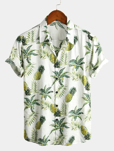 Kurzärmeliges Sommerhemd aus Baumwolle mit Hawaii-Print aus Ananasblüten und tropischen Früchten für Herren
