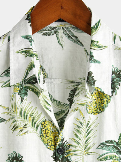 Kurzärmeliges Sommerhemd aus Baumwolle mit Hawaii-Print aus Ananasblüten und tropischen Früchten für Herren