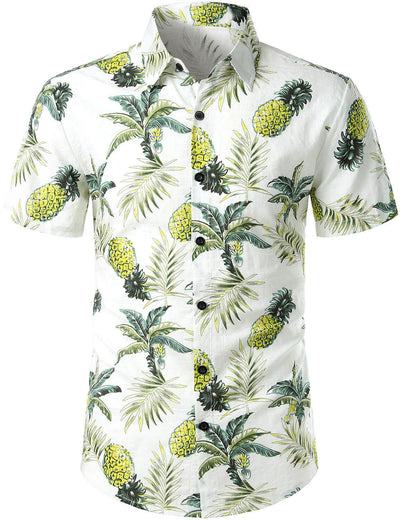 Kurzärmeliges Sommerhemd aus Baumwolle mit Hawaii-Print aus Ananasblüten und tropischen Früchten für Herren